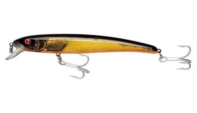 Bomber Heavy Duty Long A Lure - Chartreuse Flash/Black Back/Orange Belly features a black back, transparent chartreuse body with fish-scale detailing, an orange belly, a red eye, a clear diving lip, and two silver-colored treble hooks.