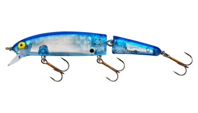 Bomber 15 Jointed Long A Lure - Silver Prism/Blue Back jointed fishing lure with a translucent silver-colored prism body, blue back, yellow eye, clear diving lip, and three bronze-colored treble hooks, with visible text "BOMBER 15J" in black text.