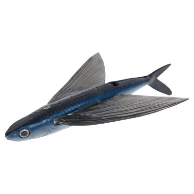 California Flyer Delta Flyer - 350, 3/4 view, flying fish style lure with blue to silver gradient body, large black eye, split dorsal section, wide translucent silver wings with ribbed texture, forked tail