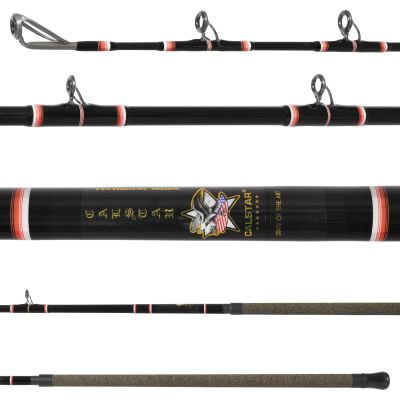 Calstar GG Composite Deckhand Rod - GG6480 - 8' showing all sections of the rod. Brown and black grip, black blank with red and white trim, gold label, silver-colored guides and tip facing up