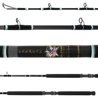 Calstar Grafighter GFGR800MH Conventional Rod with black blank, guides facing up, silver-colored guides, aqua and white wrap accents, black foam grips, and CALSTAR GRAFIGHTER STATE OF THE ART logo.