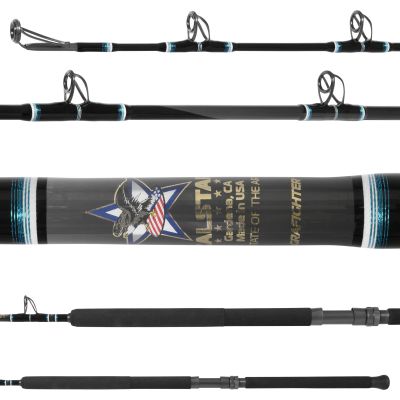 Calstar Grafighter GFHR78H Hybrid Rod shown in multiple close-up sections with a black blank, blue trim wraps, metal guides, logo detail, and a long black foam grip handle.