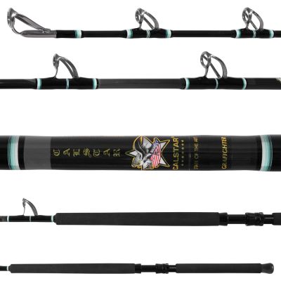 Calstar Grafighter Rail Rod showing all sections. Black EVA handles, reel seat, and butt. Black and gray color shifting blank with green and white wrapping. Gray guides facing up.