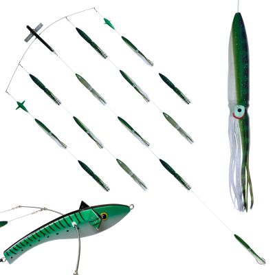 Carlson Offshore Tackle Ultimate Bird Bar in &ldquo;wine&rdquo; color with 13 brown-purple teaser squids, one hook-rigged stinger, two pink chatter birds, and a black-pink Ultimate Bird on a 5-drop spreader bar. Includes close-up view of ultimate bird.