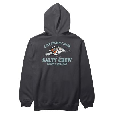 Back view of the Salty Crew Cast Life Fleece Hoodie in black featuring large fish lure graphic. Text above and below reads “CAST, SMASH & DASH,” “SALTY CREW,” and “CATCH & RELEASE DIAL 1-800-GET-BIT.”
