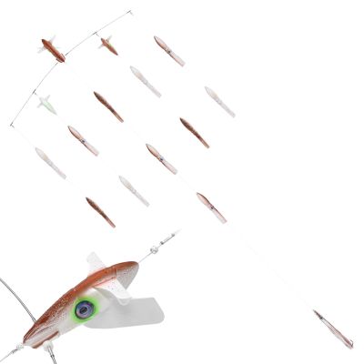 ChatterLures 36" Wingman Side Tracker Spreader Bar in Calamari color with brown and white squids featuring speckled details, one center-mounted Calamari Side Tracker bird, and two matching ChatterBirds. Includes trailing stinger bait.