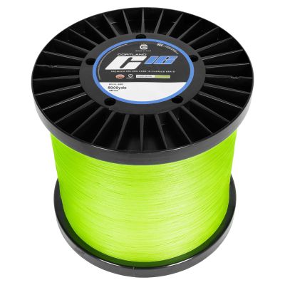 Cortland C16 Super Braid in Chartreuse yellow/green on a large black spool. Label reads “Cortland C16 Premium Hollow Core 16-Carrier Braid.” Spool size: 5000yds / 4572m.
