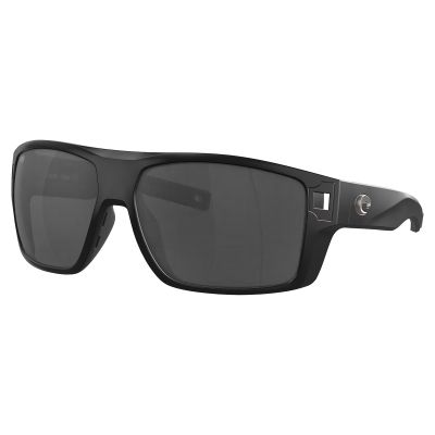 Costa Del Mar Diego sunglasses with a wraparound black frame, large rectangular polarized gray lenses, and silver logo detailing on the temple near square hinge accents.