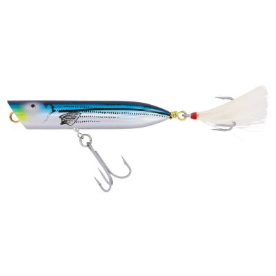 Creek Chub Striper Strike Lure - Baby Blue Fish topwater fishing lure with a blue back, silver-colored body, black fish markings, gold-colored line tie and rear connector, one belly treble hook, and a white feathered rear treble hook.