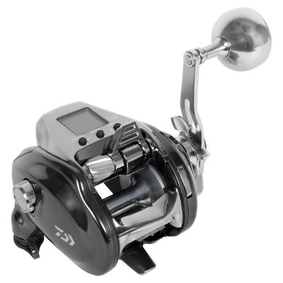 Daiwa 26 Seaborg SB500J power assist electric reel in black and silver-color with digital display, control buttons, exposed spool, side plate logo, metal handle arm, and oversized round knob.