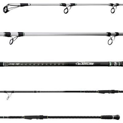 Daiwa Blackline 1062MHRFS Surf Spinning Rod shown in multiple section views highlighting the rod blank, line guides, reel seat, handle grip, and branding details.