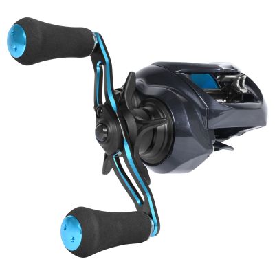 Daiwa Coastal TW200H Baitcasting Reel, 3/4 handle side view, showing matte dark blue body, blue spool, and double paddle power handle with large black EVA grips and metallic blue accents.