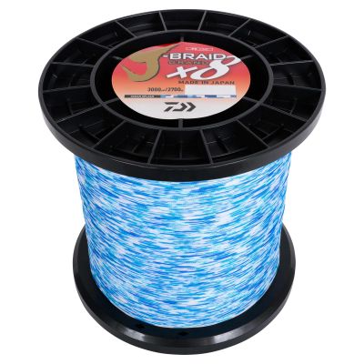 Daiwa J-Braid x8 Grand Braided Line - 120 lb. - 3000 yd. - Ocean Splash bulk spool with blue and white braided fishing line. Visible text includes "PE LINE," "J-BRAID GRAND x8," "MADE IN JAPAN," "3000 yd/2700 m," and "OCEAN SPLASH."