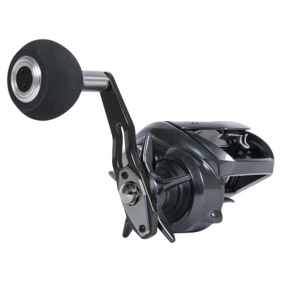 Daiwa Lexa TW400XH-P Low Profile Baitcasting Reel shown in a side-angle view with a dark metallic body, oversized round handle knob, and low-profile baitcasting design.