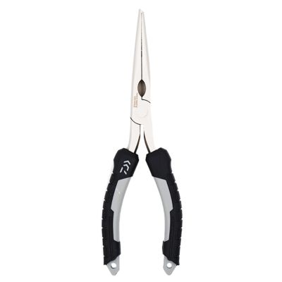 Daiwa G200H Needle Nose Pliers with long stainless steel jaws and black and gray textured handles shown against a white background.