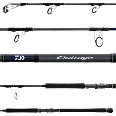 Daiwa Outrage 56XXHFS Popping Spinning Rod with silver-colored guides facing downward, black blank with gold and black wrappings, matte black reel seat, and full black EVA handle. &ldquo;Outrage&rdquo; and Daiwa logo printed near butt section.