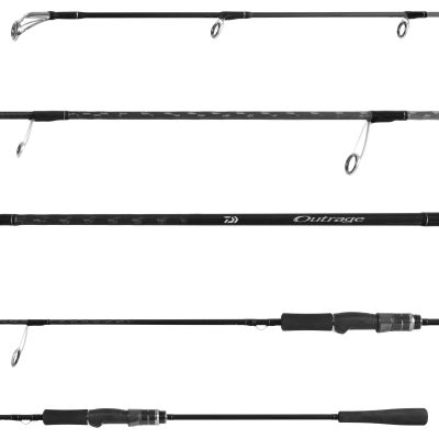 Daiwa Outrage XV62MS-LJ Light Jigging Spinning Rod with black blank, silver-colored guides, and patterned accents along the shaft. Features &ldquo;Outrage&rdquo; and Daiwa logo text near the handle. Black EVA split grip and dark reel seat with metallic trim.