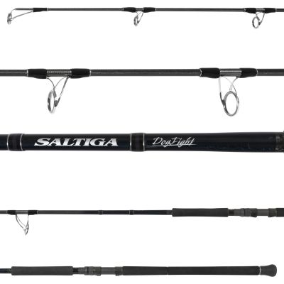 Daiwa Saltiga Dogfight Popping & Casting Spinning Rod - SAGDF72S12 showing all sections of rod. black handles, gray reel seat, black and gray blank with white text and silver guides and tip.