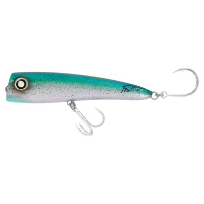Daiwa Saltiga Frother Long Cast Poppers, blue-green and white speckled popper lure with a large eye, text "Frother" in black-colored text, a treble hook, and a single tail hook.