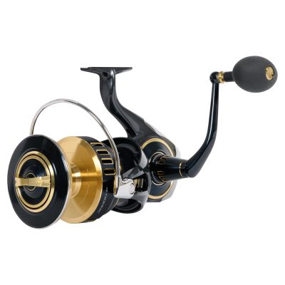 Daiwa Saltiga G30000-P spinning reel shown from a three-quarter angle, featuring a black and gold finish with large spool, bail arm, and handle knob.