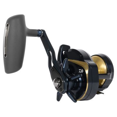 Daiwa Saltiga G Star Drag Reel SAGSD10 dark blue and black conventional reel with gold-colored spool and gold-colored accent ring, large black handle knob with silver-colored oval plate, dark blue handle arm and star drag