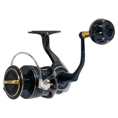 Daiwa Saltiga 6000XH Spinning Reel with dark blue and gold spool marked &ldquo;6000XH,&rdquo; silver bail arm, black frame, and deep blue handle featuring a round, vented knob with gold-accented slots.