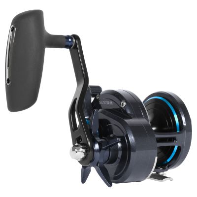 Daiwa Saltist SD35J Star Drag Jigging Reel in metallic black with black handle and silver knob. Features a large round spool with blue trim, star drag system, and model label &ldquo;SALTIST SD 35J&rdquo; on side plate.