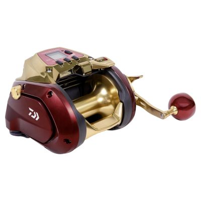 Daiwa Seaborg SBG1800M-RJ Power Assist Electric Reel, a large gold and deep red electric fishing reel with a digital control panel, buttons on top, and a sturdy crank handle, designed for heavy-duty offshore fishing and automated line retrieval.