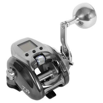 Daiwa Seaborg SB300J Power Assist Electric Reel - Right Hand electric fishing reel with a dark gray and silver-colored body, digital display, control buttons, spool opening, and a large round handle knob.