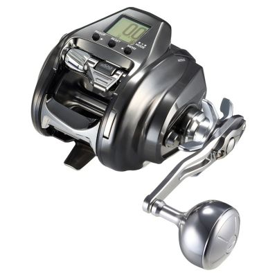 Daiwa Seaborg Electric Reel SB500J with dark gray body, silver-colored metal frame, digital display reading &ldquo;0.0,&rdquo; labeled buttons &ldquo;PICKUP,&rdquo; &ldquo;RESET,&rdquo; &ldquo;MODE,&rdquo; &ldquo;MEMO,&rdquo; and round metal handle knob.