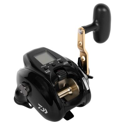 Daiwa Tanacom TCS300J Power Assist Electric Reel, black electric fishing reel with digital display, gold-colored spool and crank arm, black handle, and control buttons.