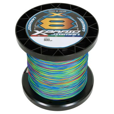 Daiwa Xbraid X8 Jigman Braided Line, 600-yard spool, shown on a large black reel with label featuring yellow X and 8, &ldquo;JIGMAN&rdquo; text, and &ldquo;Made in Japan.&rdquo; Multi-color braid in blue, green, red, and red .