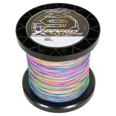 Daiwa Xbraid X9 Fulldrag Braided Line, 660-yard spool, shown on a large black reel with label featuring black X and 9 outlined in yellow, &ldquo;FULLDRAG&rdquo; text, and &ldquo;Made in Japan.&rdquo; Multi-color braid in pink, blue, green, and yellow.