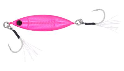 Daiwa Zakana KO Jig - Pink Zebra UV features a bright pink metal jig body with a black eye detail, two assist hooks with silver-colored hooks, black thread wraps, and iridescent tinsel strands.