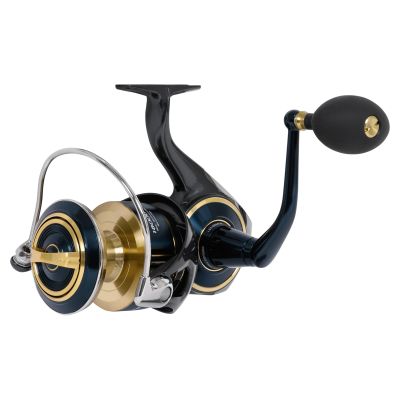 Daiwa Saltiga G Spinning Reel - SALTG18000-H - Angled Handle -  Gold and Blue-colored Reel and black handle knob with gold accent. Visible text: "18000&rdquo;