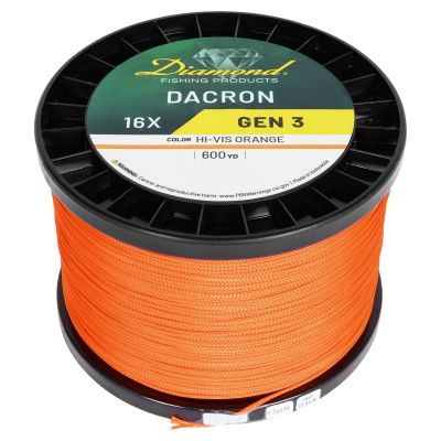 Diamond Braided Dacron Gen III - orange braided fishing line on black spool with green, yellow, and white label reading &ldquo;Diamond Fishing Products Dacron 16X Gen 3 Color HI-VIS ORANGE 600 yd&rdquo; plus Prop 65 warning.