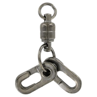 Diamond Double Snap Rotary Tuna Swivel in dark metallic finish featuring a round swivel ring, cylindrical bearing body, and dual flat snap hooks with elongated openings.