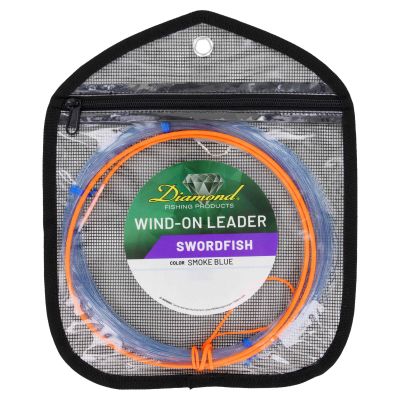 Diamond Fishing Products Wind-On Leader for swordfish, labeled &ldquo;Smoke Blue&rdquo; color. Coiled clear-blue leader with bright orange loop ends, packaged in a zippered mesh pouch.