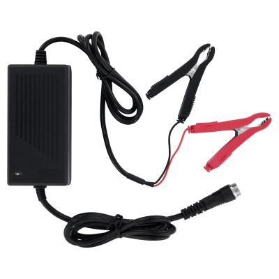 Dominion Rods E-Rod Fast Charger - DC black battery charger with attached cables, a threaded DC connector, and red and black alligator clips with insulated handles.