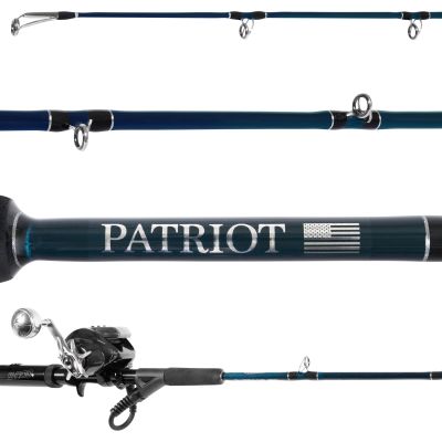 Dominion E-Rod Patriot & Daiwa Seaborg 300J Electric Jigging Combo showing all sections of rod blade with black and silver-colored reel attached. black ferrule on black reel seat with cable. Black grip and dark blue blank. Silver-colored guides
