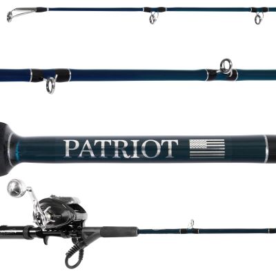 Dominion E-Rod Patriot & Daiwa Seaborg 500J Electric Jigging Combo showing all sections of rod with black and silver-colored reel attached, including black handle, cable attached to reel, blue blank with silver-colored guides facing down