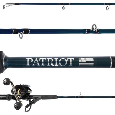 Dominion E-Rod Patriot & Daiwa Tanacom Seaborg G 300J-DH Electric Jigging Combo showing all sections of rod blade with black and gold colored reel attached. black ferrule on black reel seat with cable. Black grip and dark blue blank. Silver-colored guides