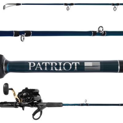 Dominion E-Rod Patriot & Daiwa Tanacom 500J Electric Jigging Combo showing all sections of rod blade with black and gold colored reel attached. black ferrule on black reel seat with cable. Black grip and dark blue blank. Silver-colored guides