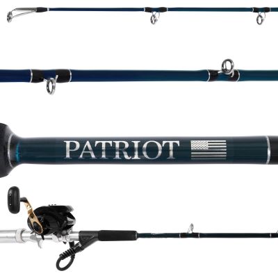 Dominion E-Rod Patriot & Daiwa Tanacom S300J Electric Jigging Combo showing all sections of rod with black and gold-colored reel attached to silver-colored reel seat, black handle, blue blank with silver-colored guides