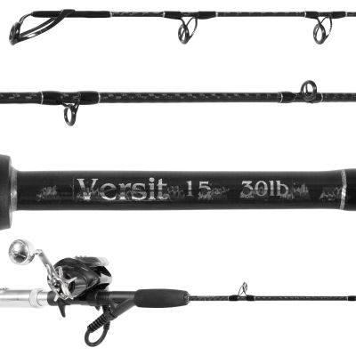 Dominion E-Rod Versit & Daiwa Seaborg 300J Electric Jigging Combo - VST-RO Rod & SB300J Reel showing black and silver-colored reel, and all sections of rod including black handles, gray and black blank, black guides 