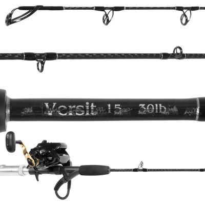 Dominion E-Rod Versit & Daiwa Tanacom 500J Electric Jigging Combo - VST-RO Rod & TCS500J Reel shown with close-up views of the rod guides, blank, and handle, mounted with a black and gold-colored electric reel. Visible text "Versit 15-30lb" in silver-colo