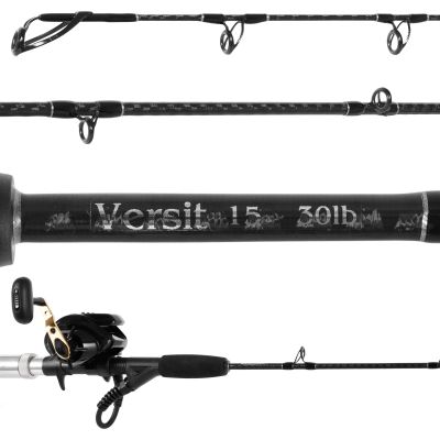 Dominion E-Rod Versit & Daiwa Tanacom 300J Electric Jigging Combo - VST-RO Rod & TCS300J Reel shown with close-up views of the rod guides, blank, and handle, mounted with a black and gold-colored electric reel. Visible text "Versit 15-30lb" in silver-colo