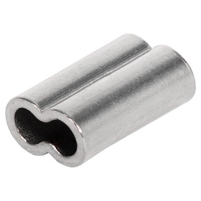 Dozer Tackle Copper Double Sleeve with a silver finish and double-barrel opening for 2.3mm leader on a white background.