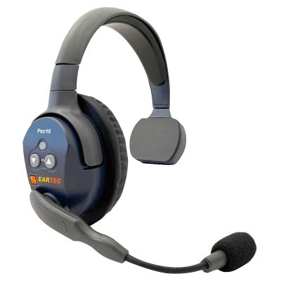 Eartec UltraLITE PRO16 Single Ear Headset. Over-ear wireless headset with padded headband, adjustable boom mic, and on-ear controls labeled “VOL” and “PRO16,” plus EARTEC logo in yellow and red.