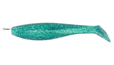 Fish Downsea Dredge Shad in "downsea green" color with a green and silver speckled body. Oval shaped paddle tail on the back and coiled metal line connector at the front.